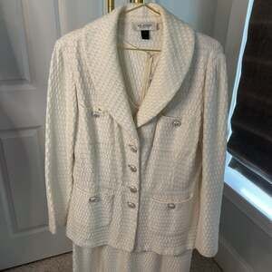 St. John Collection Cream Knit Dress Suit Set, Size 12 Jacket / 10 Dress